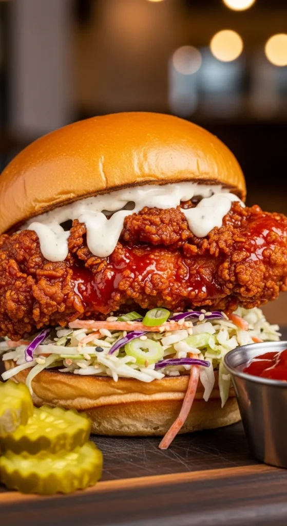 Korean Fried Chicken Sandwich With Slaw and Sauce